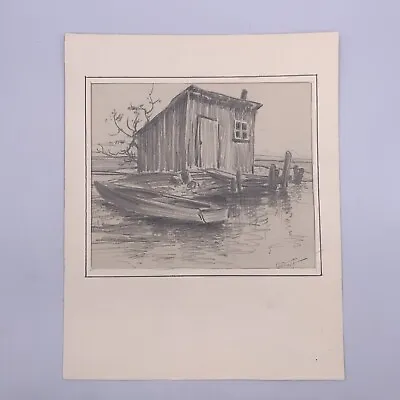 Vintage Americana Original Folk Art Charcoal Pencil Sketch Boathouse By C Stuart • $45