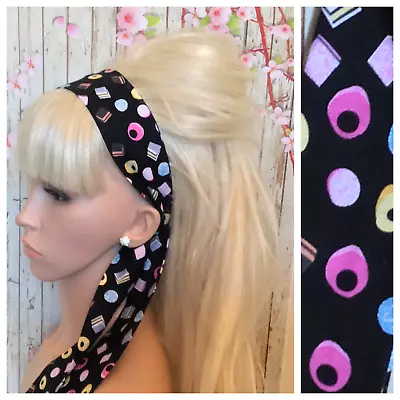 £4.49 • Buy BLACK LIQUORICE PRINT COTTON FABRIC HEAD SCARF HAIR BAND SELF TIE BOW 60s RETRO