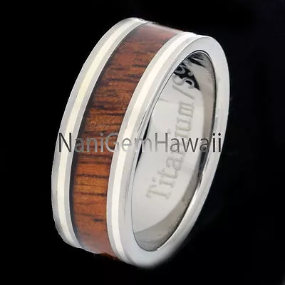 Koa Wood Titanium Hawaiian Band Ring 8mm With 2 Lines Silver Flat Edge • $89.99