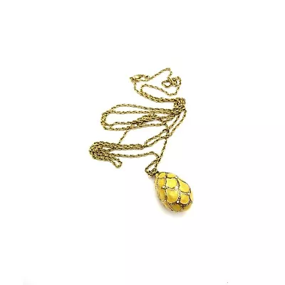 VTG Gold Tone Yellow Enamel Rhinestone Faux Faberge Egg Pendant Necklace Easter • $36