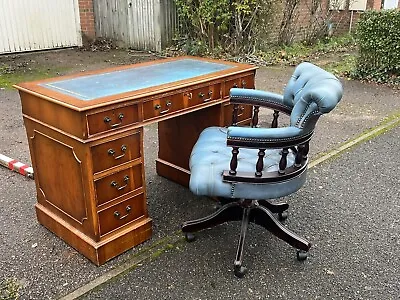 Antique Blue Leather Chesterfield Captains Chair & Writing Desk + Key • £680