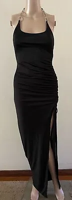 I Am Gia Maxi Slip Dress Size M (fits 8-10 AUS) Black Halter Neck High Slit • $29