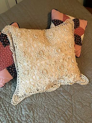 Vintage Shabby Chic Romantic Crocheted Throw Pillow Cottagecore Scalloped Doily • $12.99