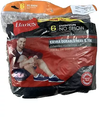 Hanes Cushion Foot Bottom No Show Socks Black (Shoe Size 12-14)    6 PACK • $12.95