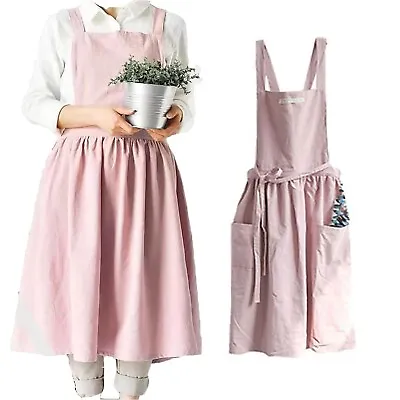 $22.14 • Buy Women Bib Dress Apron Sleeveless Cotton Linen Pinafore Kitchen Cooking Florist