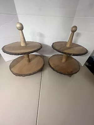 Raw Edge Wood Round 2 Tier Cupcake Stand Dessert Display Serving Tray Lot Of 2 • $89.99