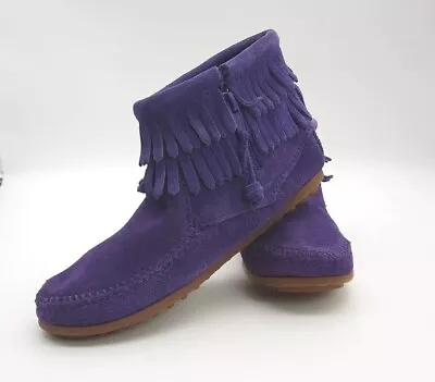 Minnetonka Purple Suede Leather Fringe Ankle Boots Zip Youth Size 3 Style 2294S • £21.89