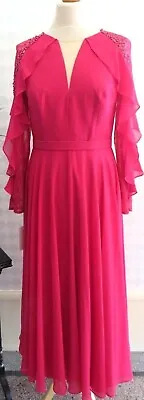 £150 • Buy Veni Infantino Ronald Joyce Hot Pink Mob Dress Ascot Lace Beaded Sleeves Size 8