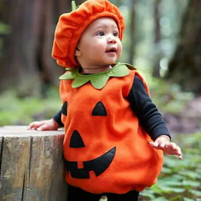 Halloween Newborn Baby Boy Party Pumpkin Costume Fabric Vest + Hat Outfits NEW • £11.23