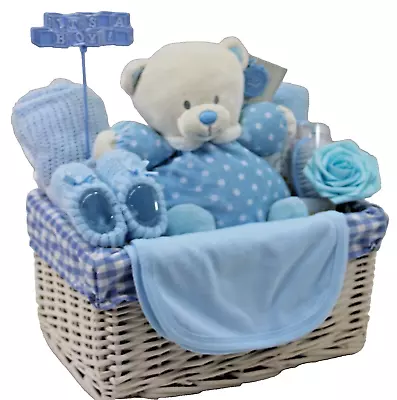 Baby Hamper Gift Basket Boy Baby Starter Blanket Bib Hat Muslin Mitt Bootee Sock • £24.99