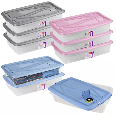 3 Plastic Storage Boxes Large Underbed Drawer Container Toys Clothes Shoes Wheel • £44.99