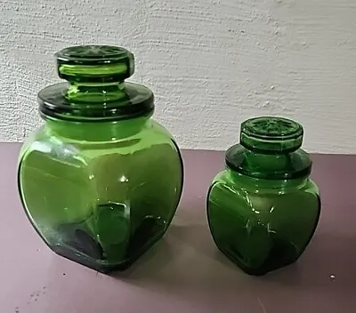 2 Vintage Weaton Green Glass Canister Apothecary Jars With Perfect Gaskets 4 Lid • $23