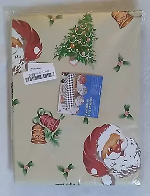 Christmas Tablecloth Vintage Looking Vinyl Santa Bells Holly Trees 58  Round New • $6.80