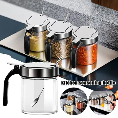 Spices Glass Seasoning Jar With Spoon Sugar Bowl Salt Container Kitchen Supplie • £9.49