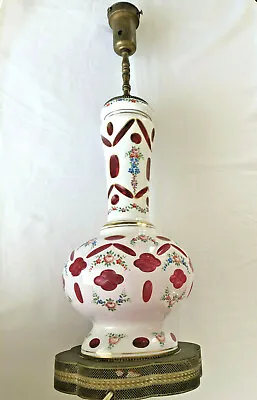 Antique BOHEMIAN GLASS LAMP Hand Painted Opaque Cut Cranberry Glass Lamp  • $295