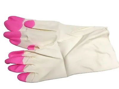 Cream Rubber Washing Up Gloves With Extra Long Cuffs And Pink Finger Tips  • £2.99