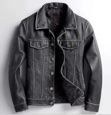 Men's Biker Cafe Racer Vintage Trucker Black Real Genuine Leather Jacket • $175