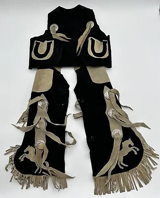 Vintage Child Kid Western Cowboy Leather Chaps And Vest Metal Clips Sz 6 Costume • $48.99