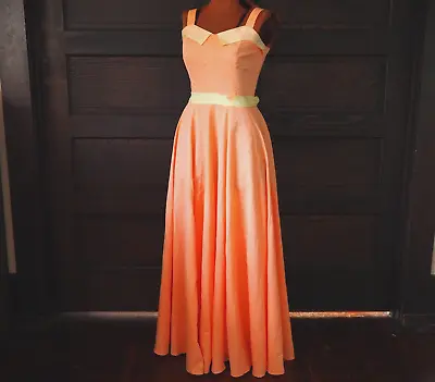 VTG 70s Sherbet Orange Sleeveless Bow Collar Summer Party Prom Maxi Dress Sz M • $44.95