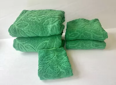 Vintage Cannon Sculpted Bath Towel Lot RARE Green Floral Rose Set Of 5 • $47.97