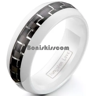 8mm Dome White Ceramic Ring Black Carbon Fiber Center Inlay Anniversary Band • $12.99