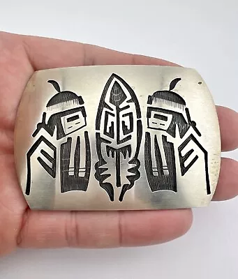 Vtg Hopi Sterling Silver Mudman Kachina Feather Overlay Belt Buckle 3  -43.5g • $249