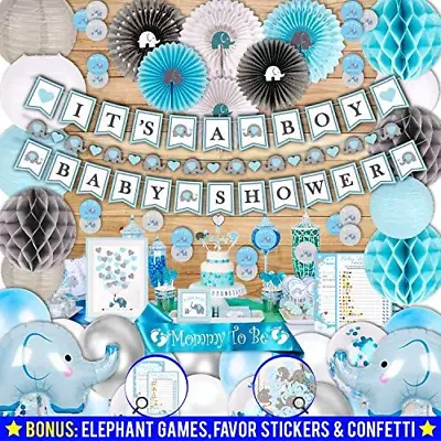 697 Piece Blue Elephant Baby Shower Decorations For Boy Decor  • £40.56