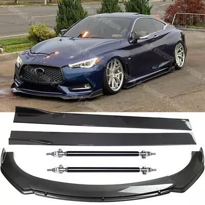 For Infiniti Q60 Carbon Fiber Front Bumper Lip Splitter + Side Skirts +Strut Rod • $159.69