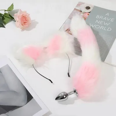 New Pink 2PCS Set Fox Tail & Soft Cat Ears Headband Cosplay Role Play Game Props • $14.89