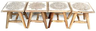 White Washed Shabby Chic Wooden Hand Carved Mango Wood Stool ~ Design Vary • £24.99