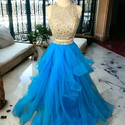 TWO PIECE Mesh Rhinestone Crop Top Formal Full Skirt Blue Sz 10 Prom Quince • $99.99