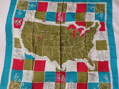 Vintage 1960s-70s Map Of The United States Scarf Avocado Green Teal Line Drawing • $26