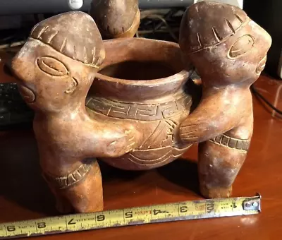 Mexican Aztec Terracotta Pottery 3 Men Figures Holding Pot Vintage Collectables • $19.98