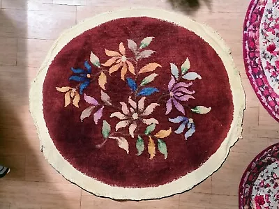 Antique Vtg Rug Round Oval Throw Wool Hand Knotted Deco Floral Flowers Small 26  • $189.99