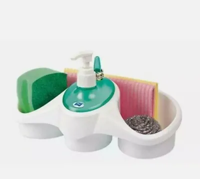 Combo Washing Up Liquid Soap Dispenser & Sponge Holder Plastic Kitchen Sink Tidy • £9.99