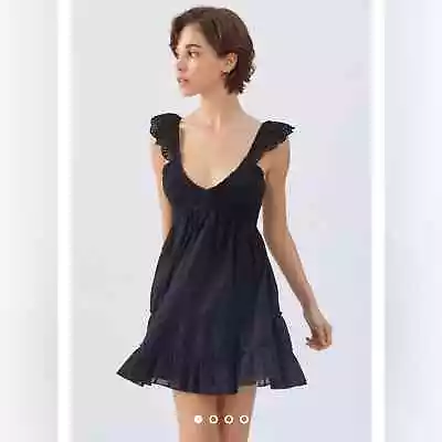 UO Urban Outfitters Malta Black Flutter Sleeve Eyelet Lace Mini Dress Medium Z4 • $28