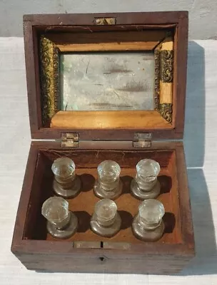 Mughal Brass Inlay  Wooden Perfume Box With Six Glass Perfume Bottles • $480