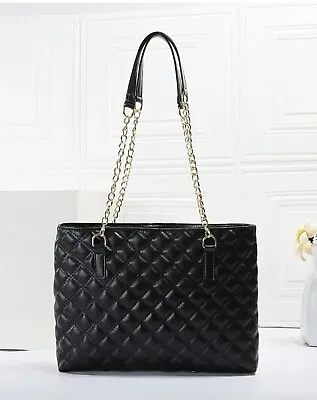 Large Tote Bag Shoulder Handbag Quilted Womens Ladies With Chain Handle Black • £16.55