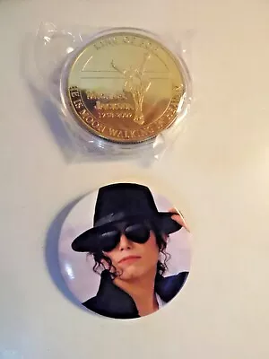 Michael Jackson 2 Item Set 1 Souvenir Gold Coin 1 Michael Jackson Button  MJB #2 • $14.99