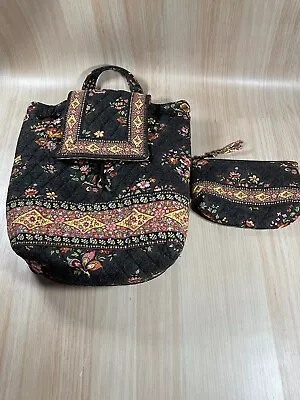 Vera Bradley Chocolate Floral. Drawstring Backpack Purse Bag With Pouch • $19.99