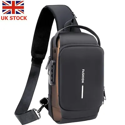 Men's Crossbody Bag Shoulder Sling Bag Anti-theft Lock Chest Bag With USB Port • £11.75