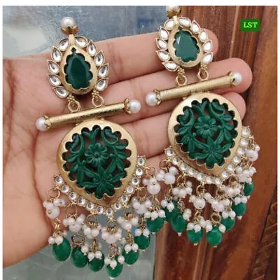 Bollywood Style Gold Plated Indian Kundan Long Light Bridal Earrings Jewelry Set • $32.88