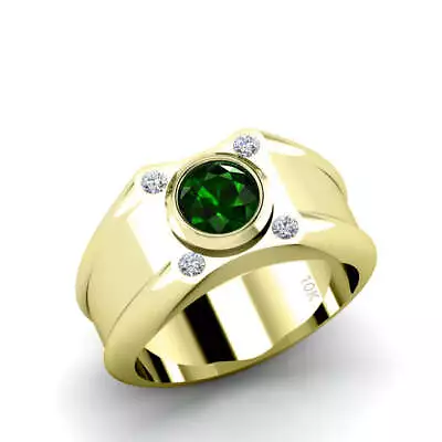 Emerald Engagement Men's Ring Solid 10K Gold With 0.12ct Real Diamonds Taurus Ma • $869