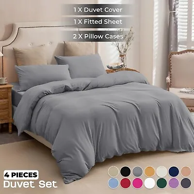 4 Piece Duvet Quilt Cover Reversible Bedding Set With Fitted Sheet Hotel Quality • £2.99