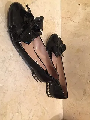 Miu Miu Jewel Heel Patent Black Leather Bow Flats MSRP 775$ Size 37-1/2 • $310