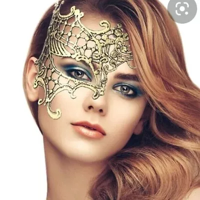 Lace Venetian Half Face Eye Mask Masquerade Gold Golden One Eye Phantom Of Opera • £3.50