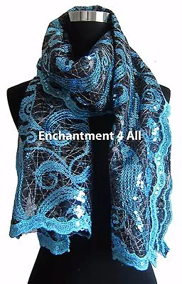 Elegant Oblong Lace Floral Art Scarf Wrap W/ Sequin Black/Blue • $13.29