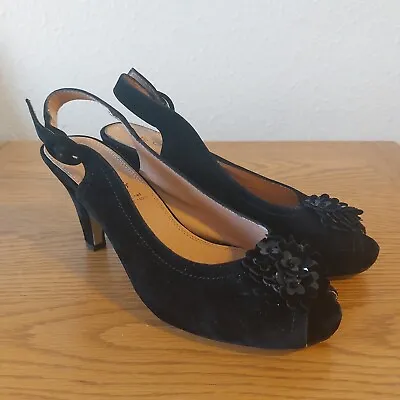 NATURE'S OWN UK 7 Black Patent Slingback Peep Toe Cone Heels Shoes Used  • £12.93