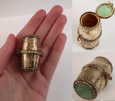 $81 • Buy Antique Chinese Export Gold On Silver Carved Jade Miniature Drum Box Pomander