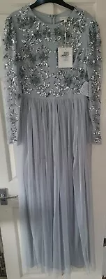 Maya Delux Sequin Maxi Dress Grey Blue Uk Size 10 Long Sleeves Embellished  • £59.99